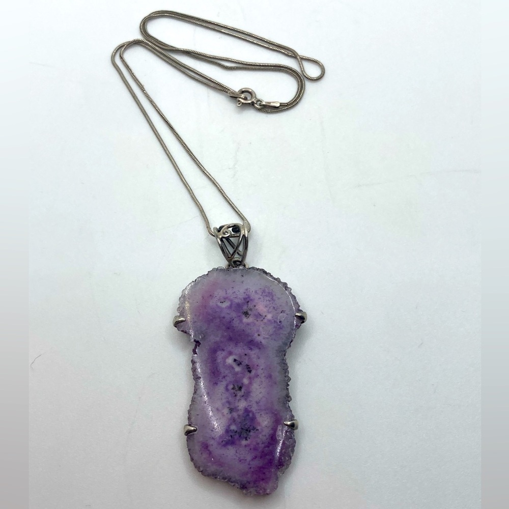 VTG Sterling Amethyst Druzy Slice Pendsnt w 925 Snake Chain 19” / 2.5” Pendant